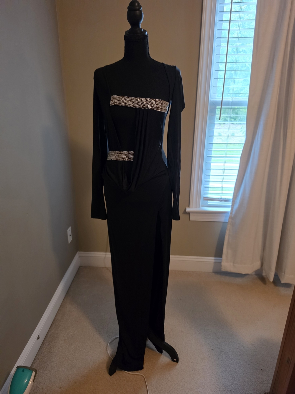 Black Long-Sleeve Evening Gown with Crystal Trim